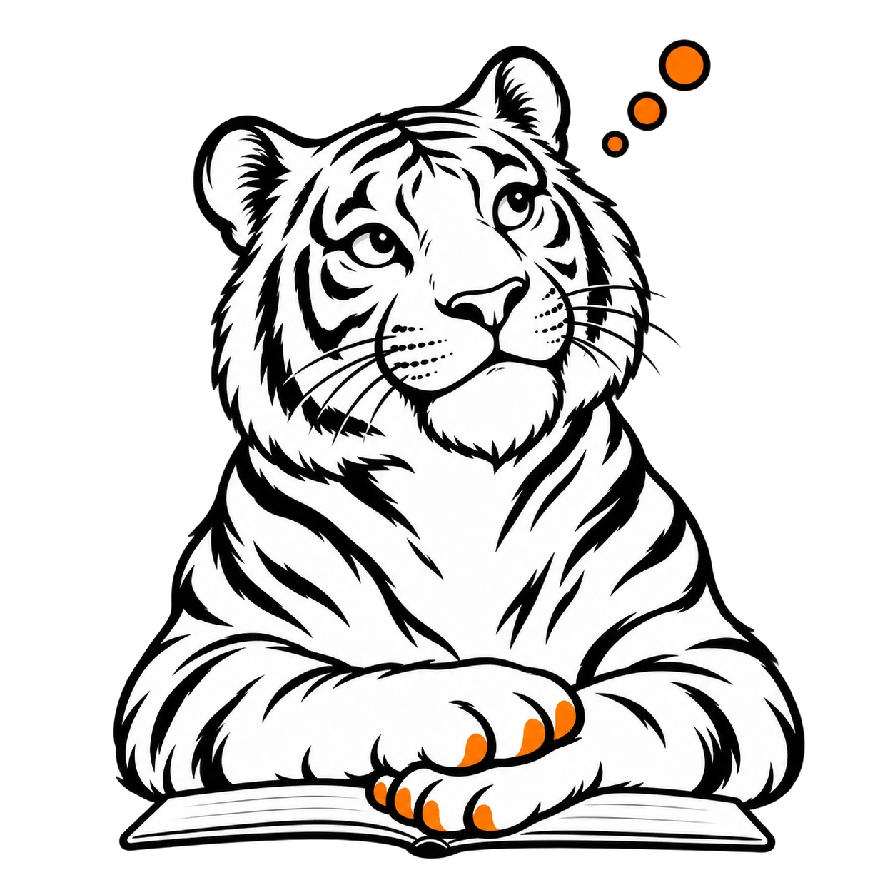 Tiger considering a question beside an open notebook.