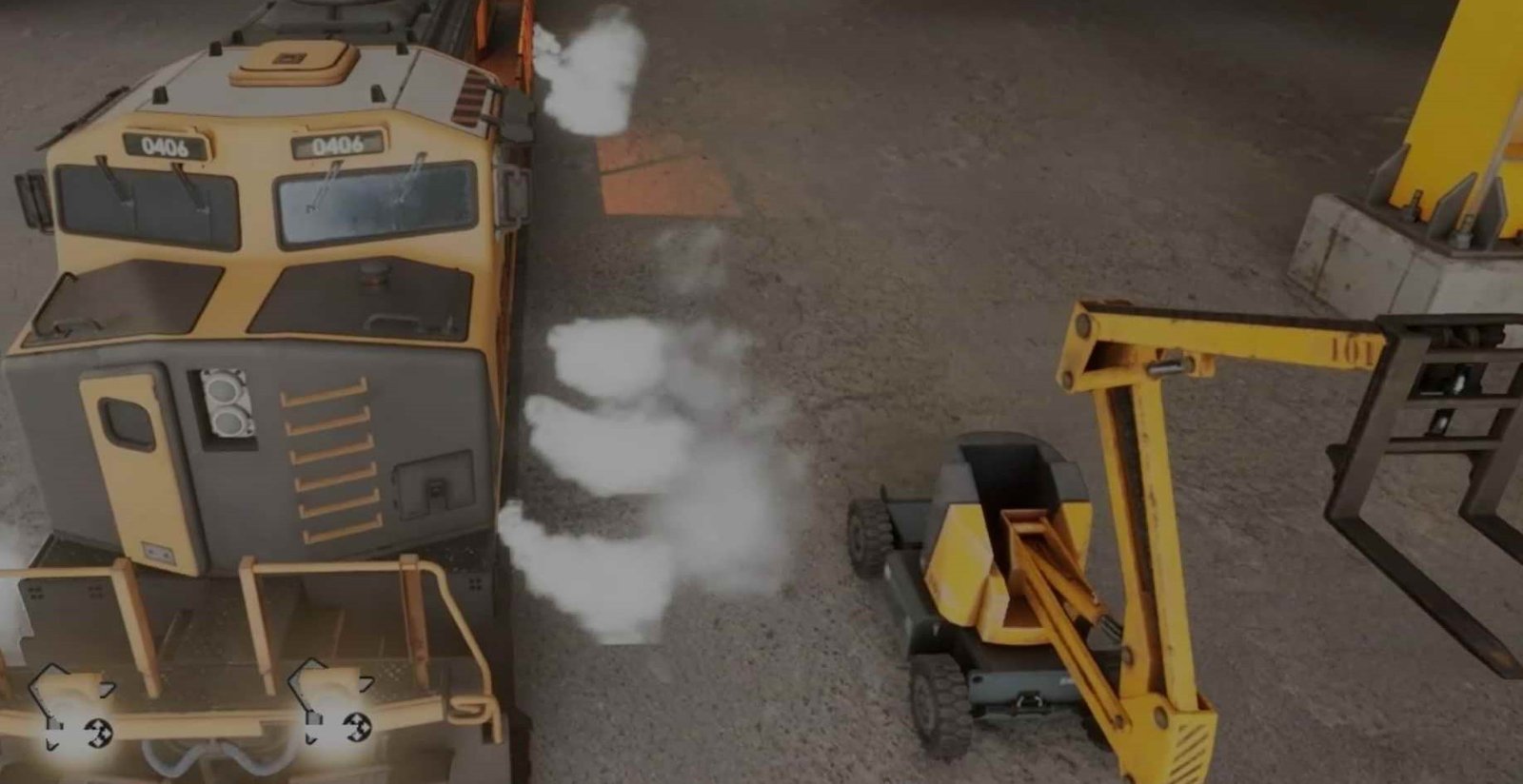 Rendered crane and locomotive with three demonstration points to explore